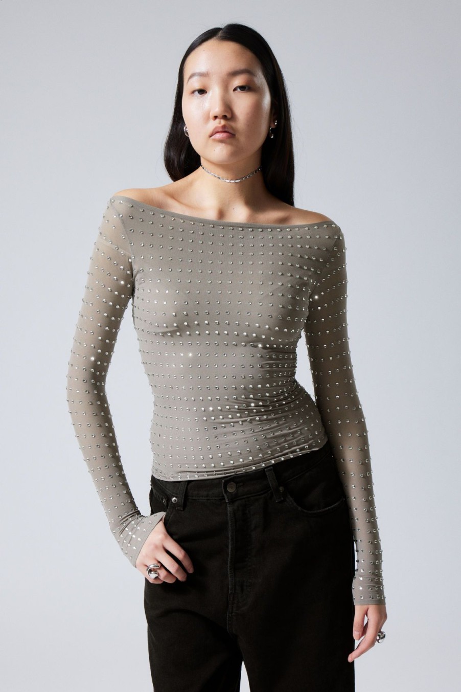 Wholesale Weekday Sheer Rhinestone Longsleeve Top