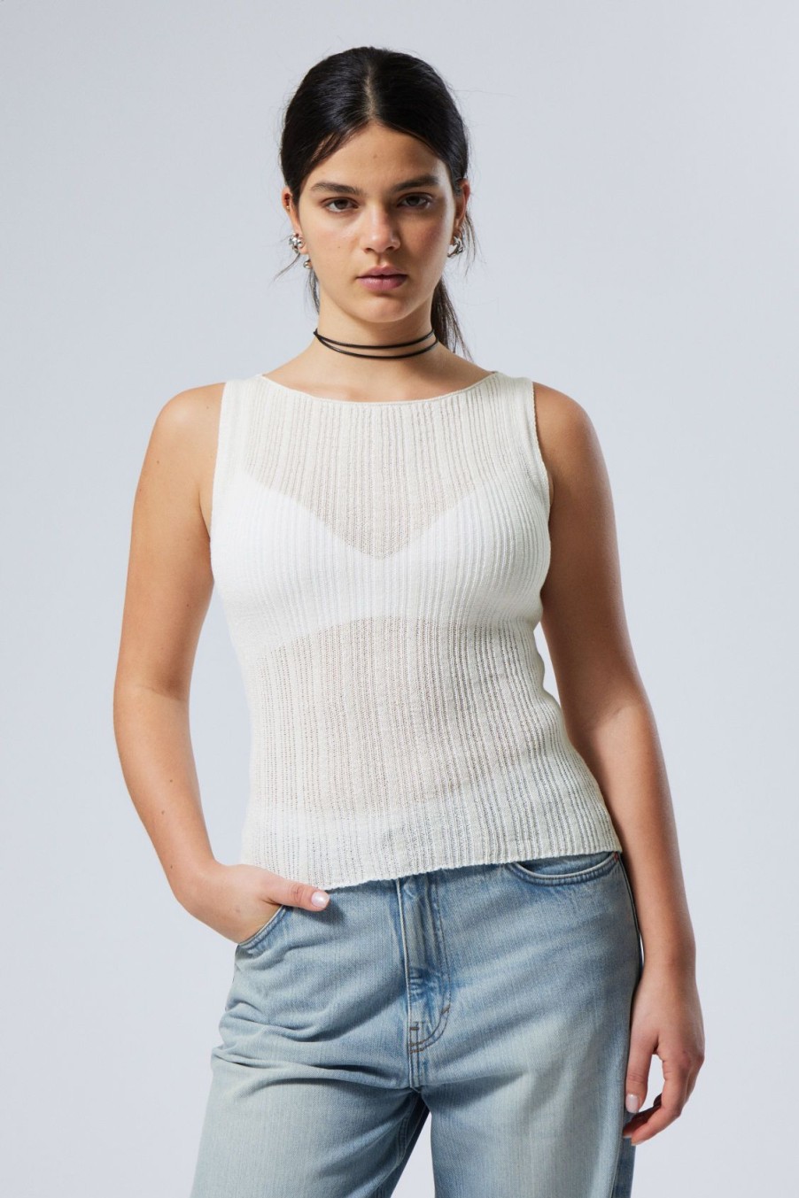 Hot Weekday Slim Knitted Boatneck Tank Top